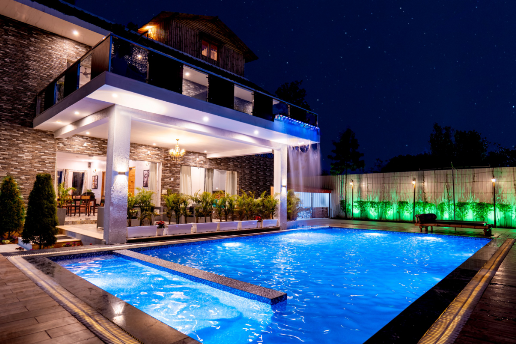 Farmhouse Night View with Pool